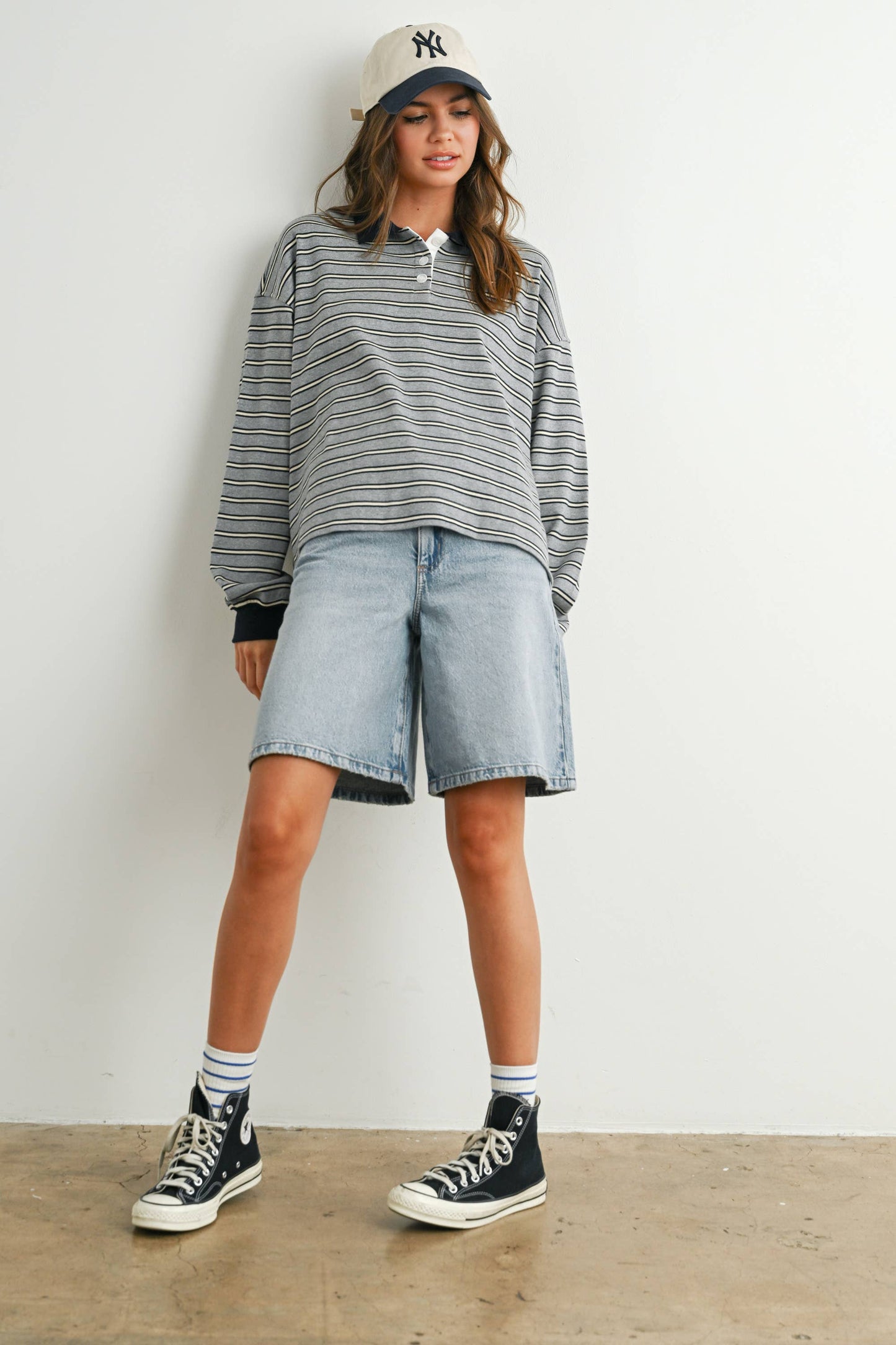 Quarter-Button Striped Collared Long Sleeve Top
