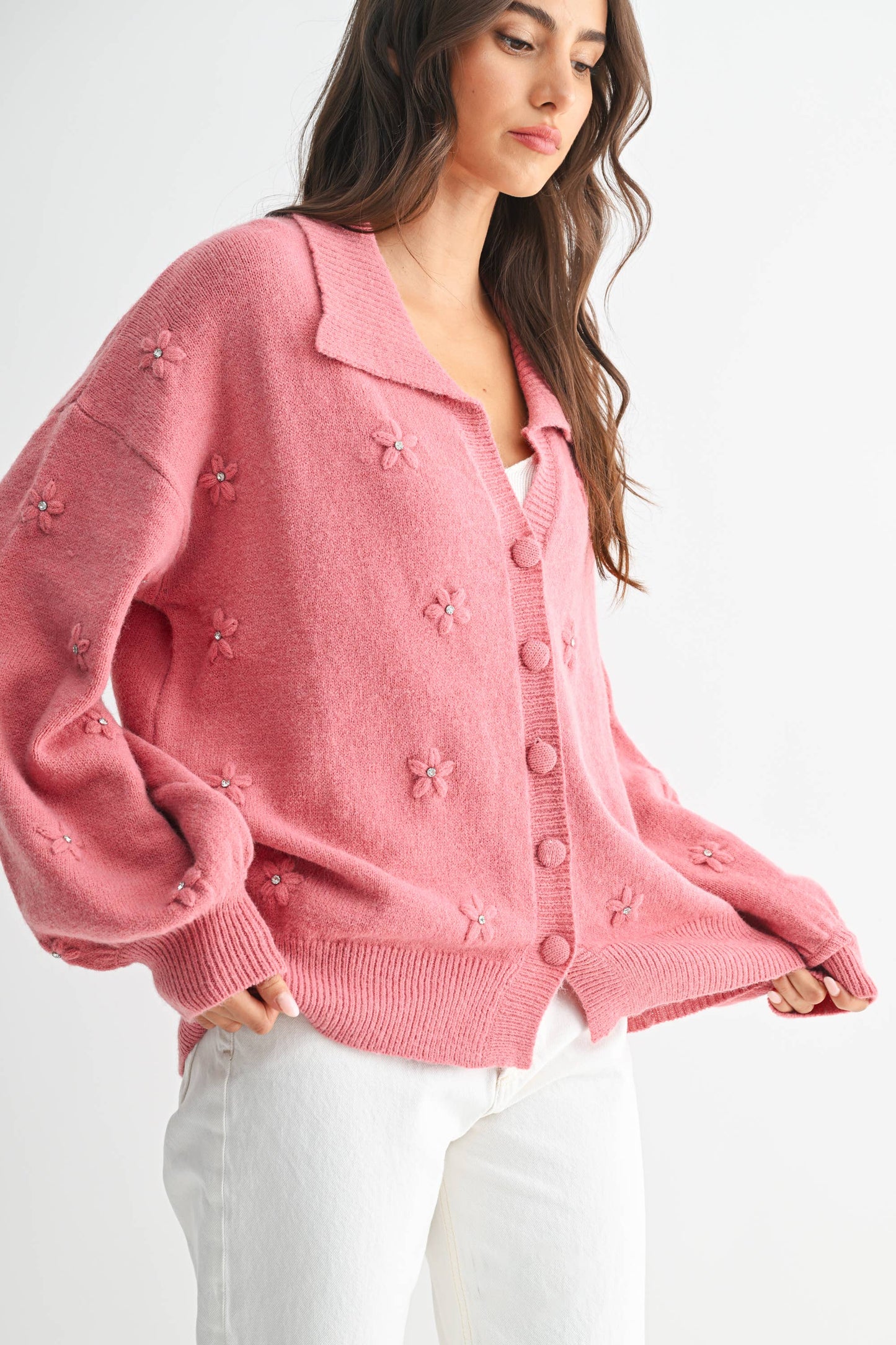 Cozy Pastel Cardigan With Floral Embellishments