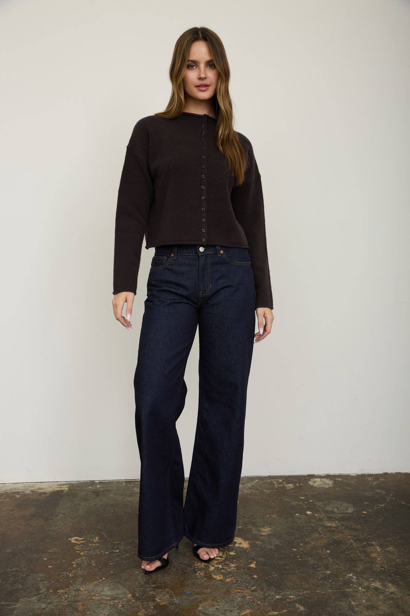 Raw Edge Mock Neck Button Down Cardigan