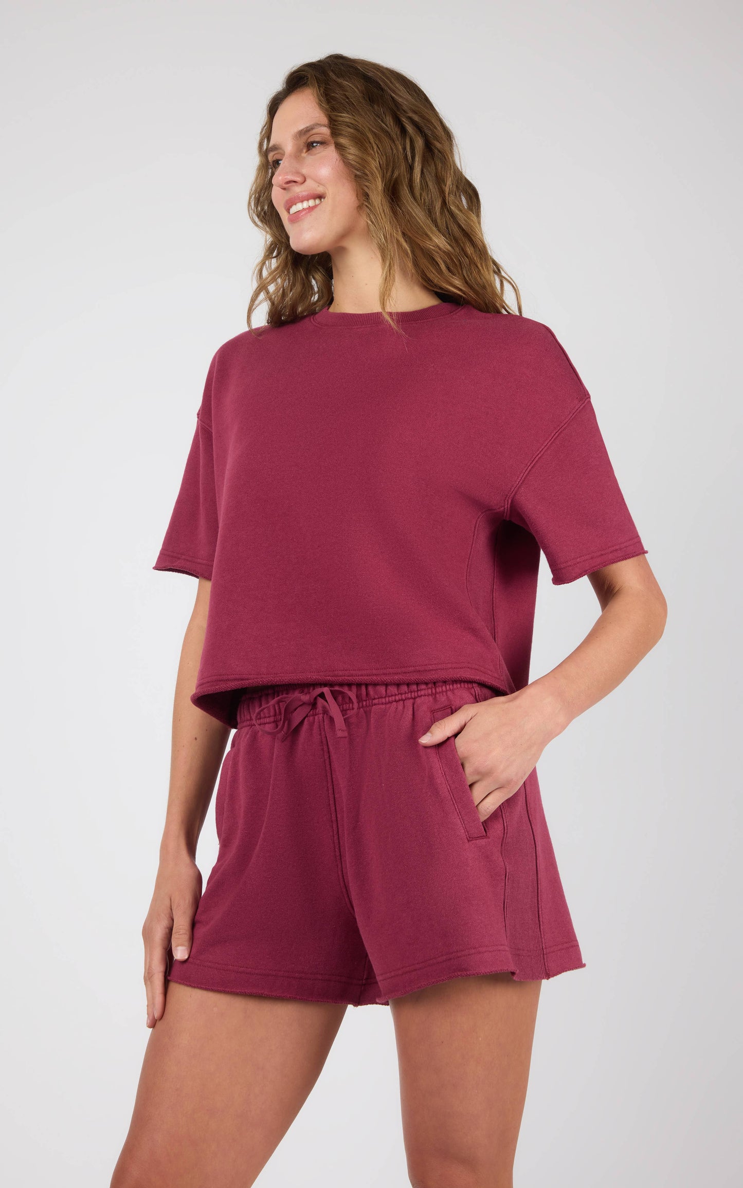 Women's Loop Terry Raw Edge Crew Short Sleeve Top and Shorts