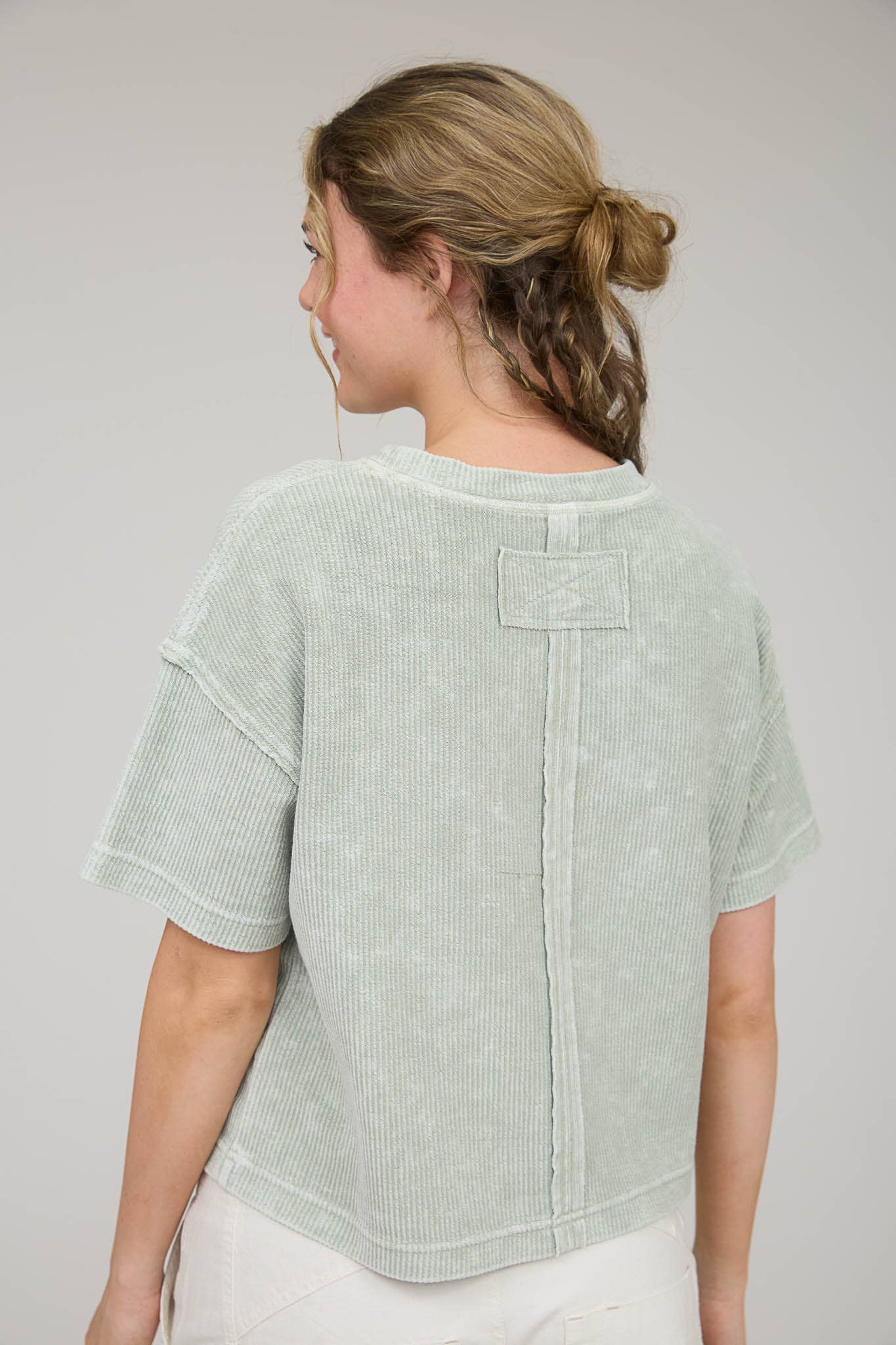 Washed Ribbed Short Sleeve Tee With Pocket