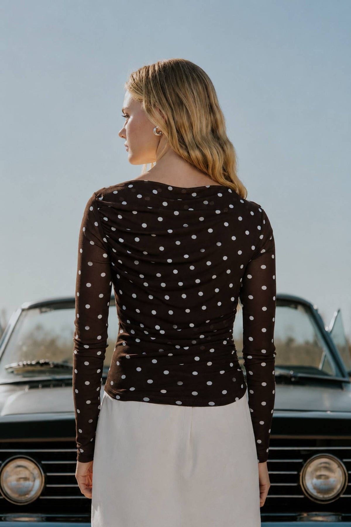 Sheer Mesh Polka Dot Ruched Long Sleeve Knit Top