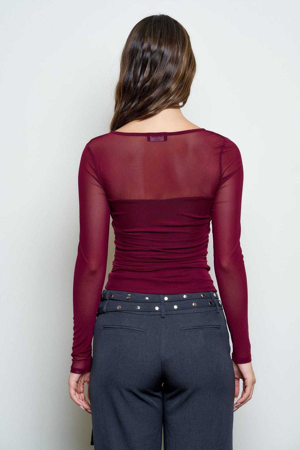 Ruched Waist Square Neck Long Sleeve Knit Top