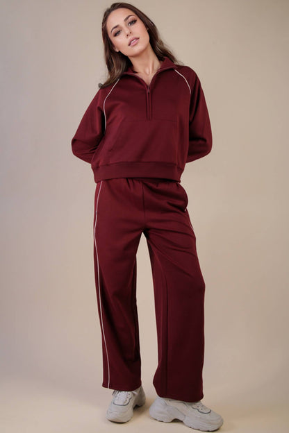Half Zip Up Piping Detail Knit Casual Top