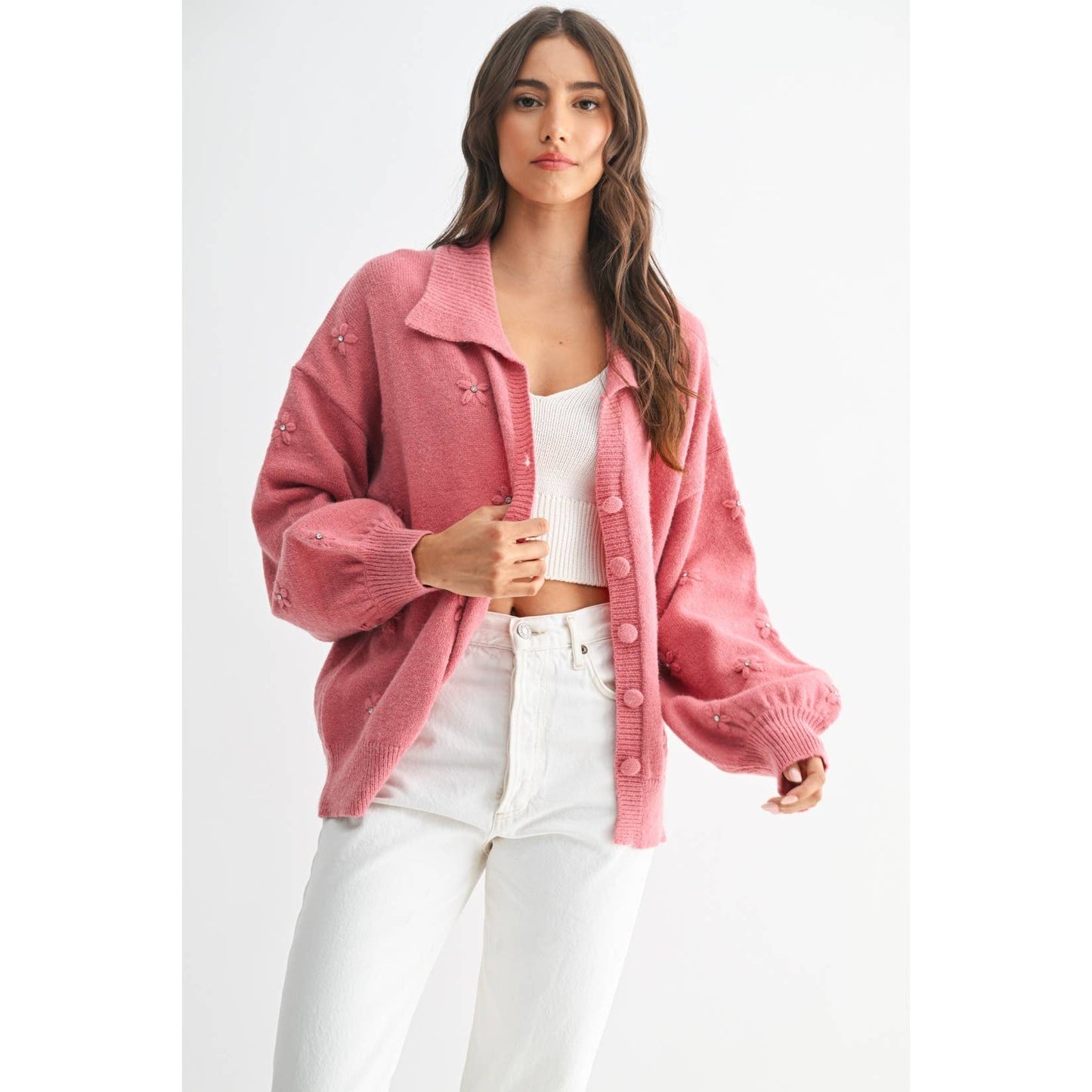 Cozy Pastel Cardigan With Floral Embellishments