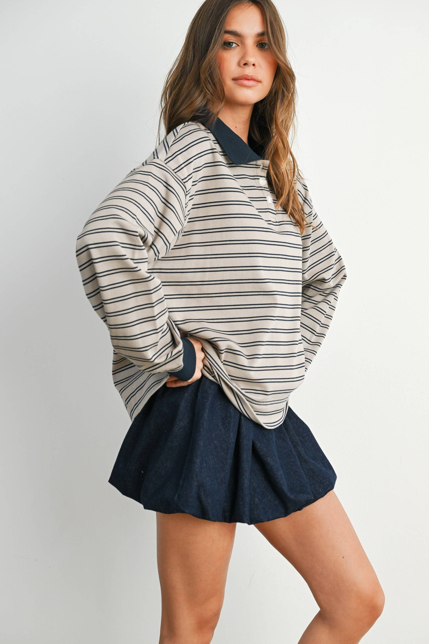 Quarter-Button Striped Collared Long Sleeve Top
