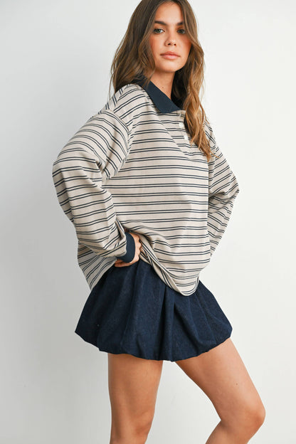 Quarter-Button Striped Collared Long Sleeve Top