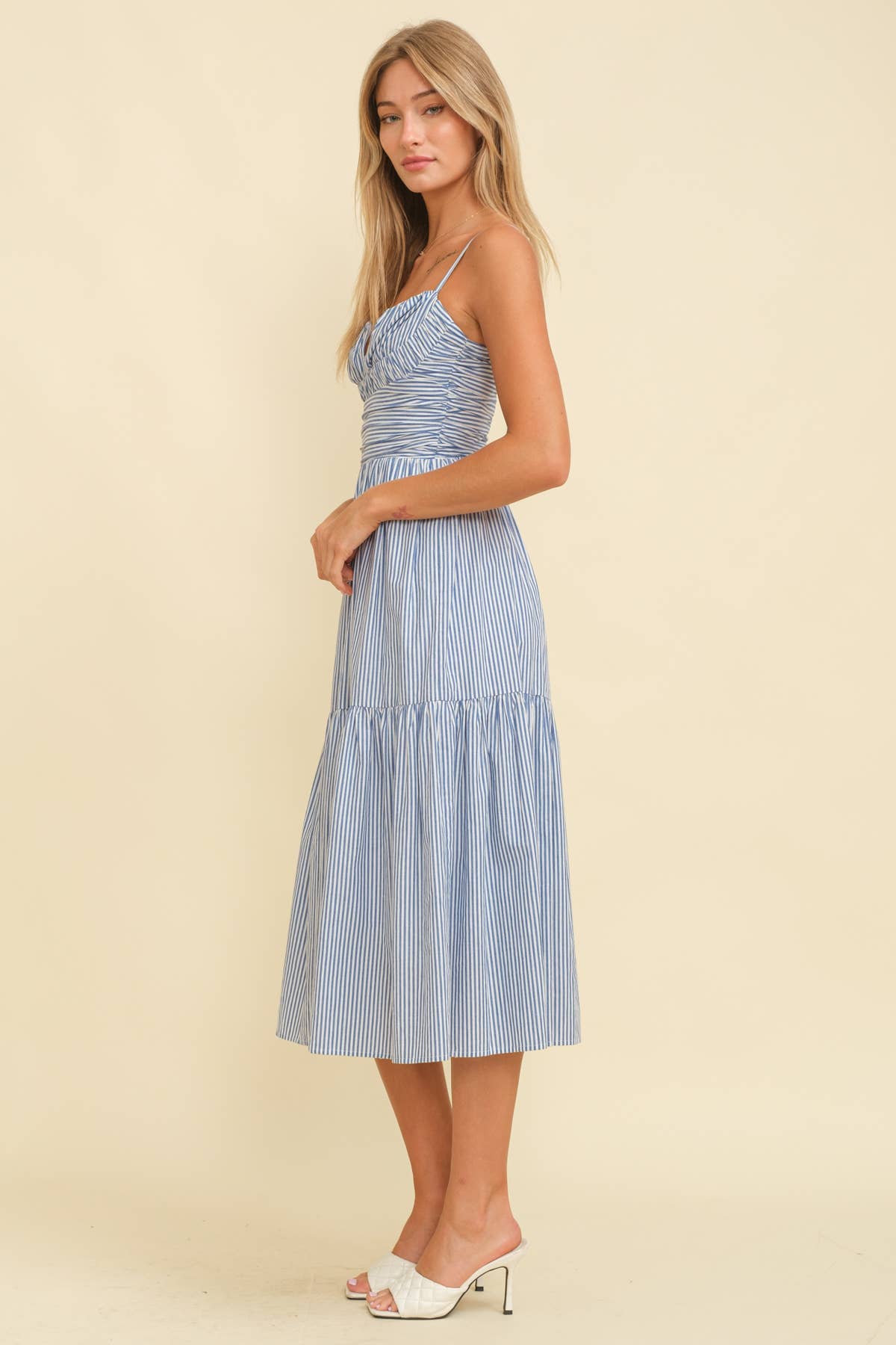Striped Sweetheart Cami Strap Tiered Dress