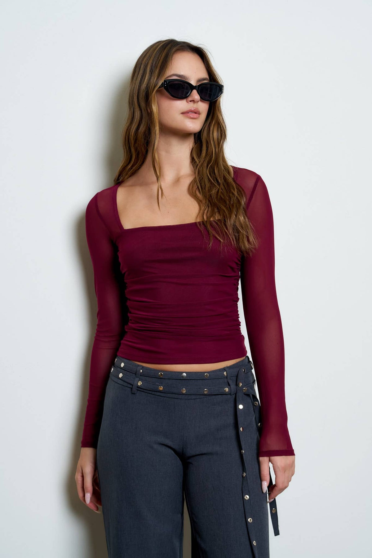 Ruched Waist Square Neck Long Sleeve Knit Top
