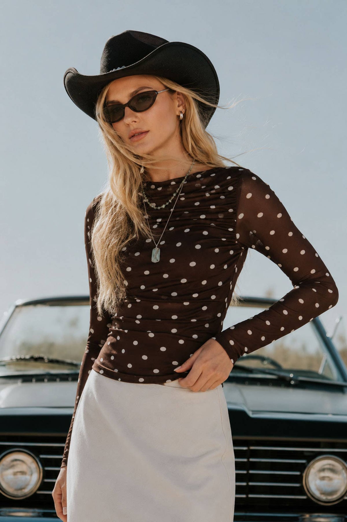Sheer Mesh Polka Dot Ruched Long Sleeve Knit Top