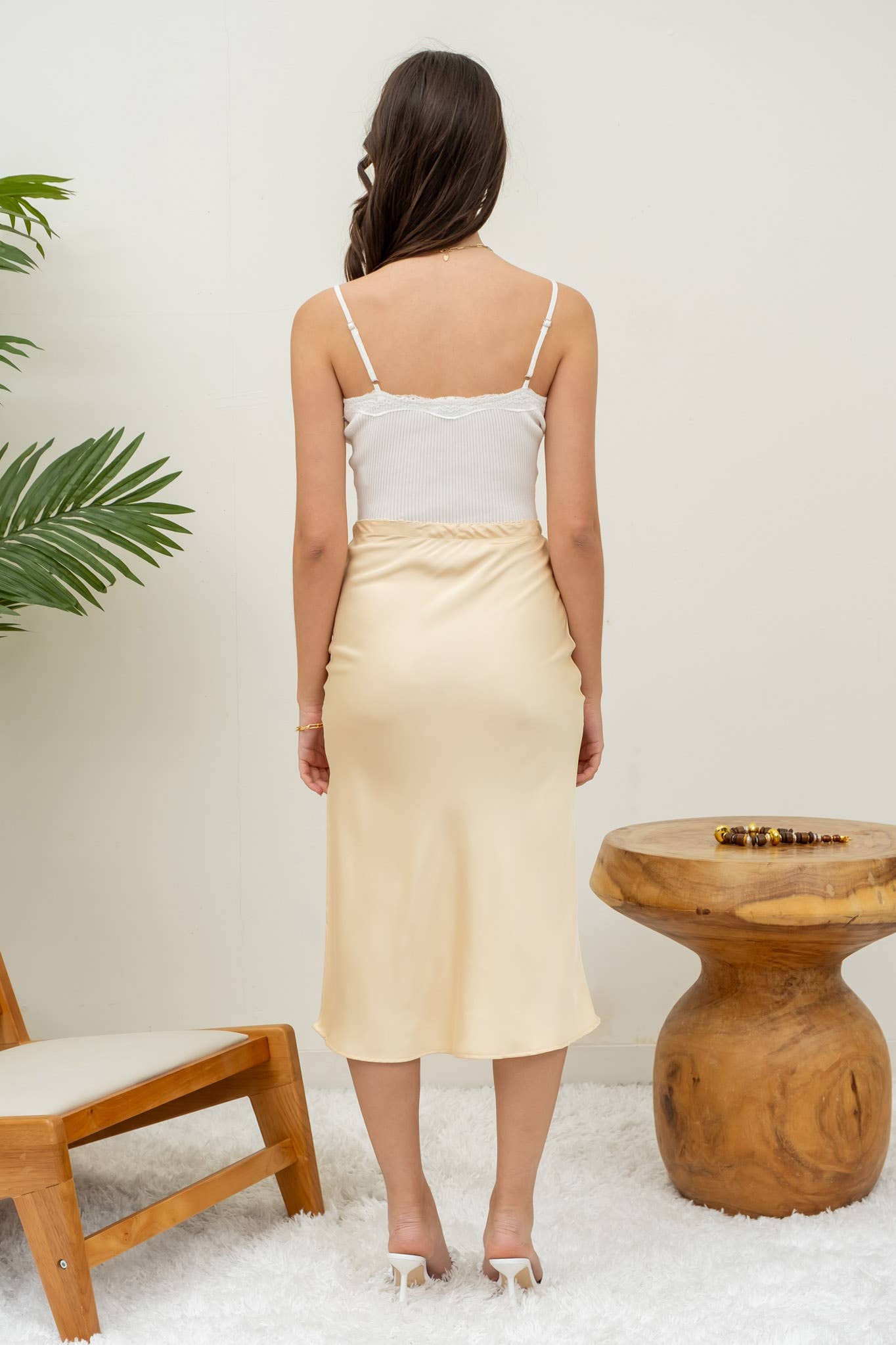 Satin Side Slit Midi Skirt