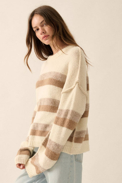 Striped Colorblock Expose-Seam Long Sleeve Sweater