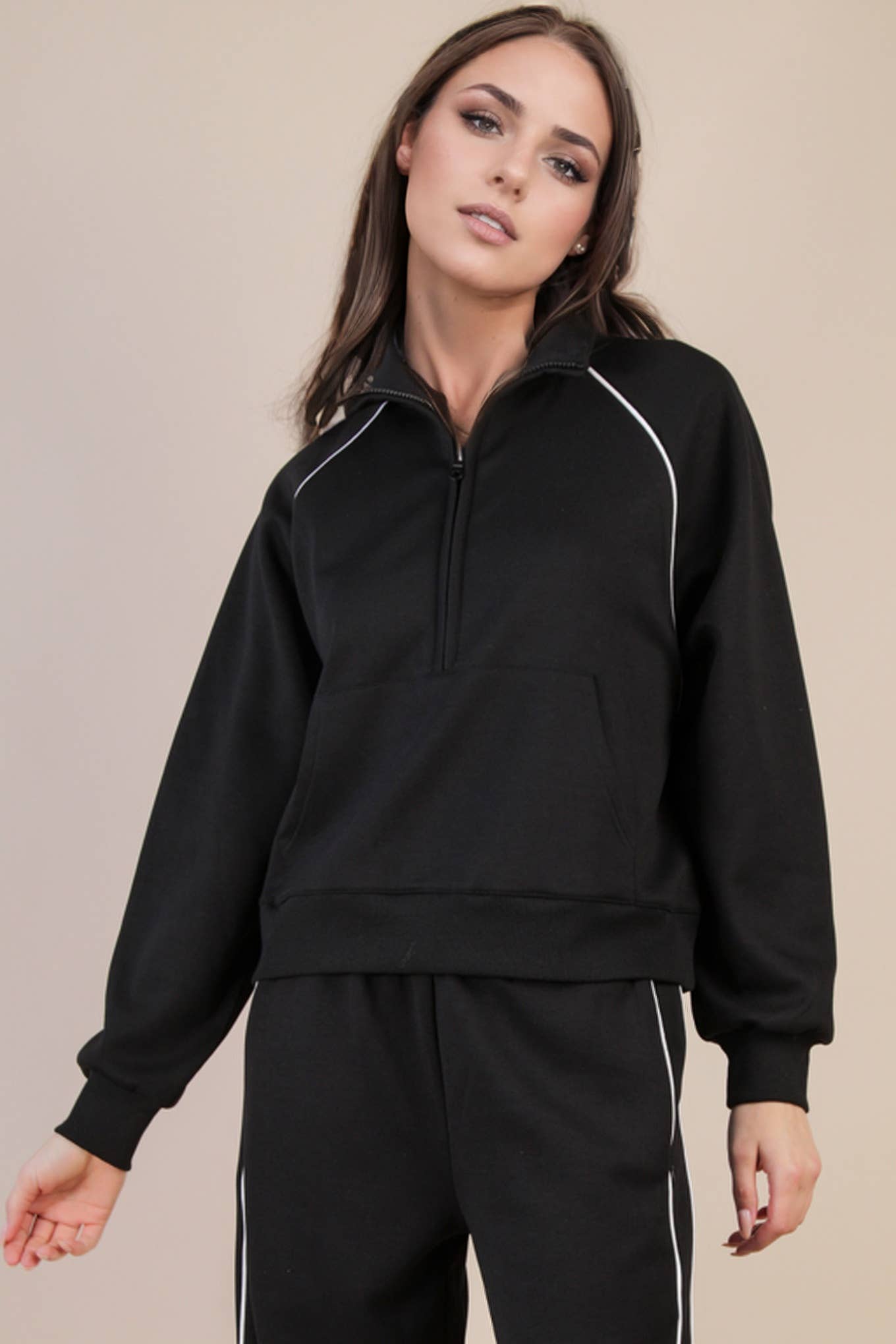 Half Zip Up Piping Detail Knit Casual Top