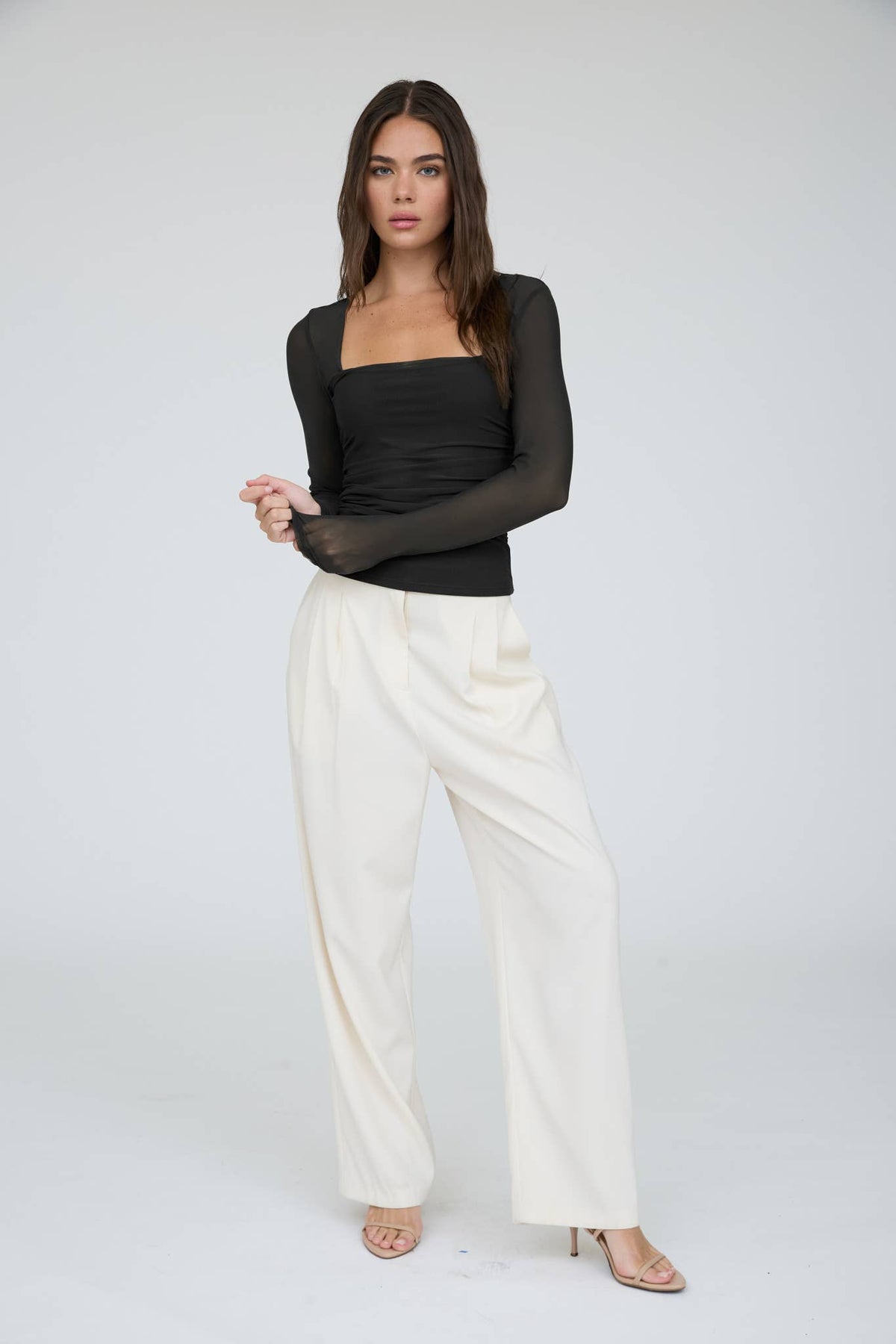 Ruched Waist Square Neck Long Sleeve Knit Top