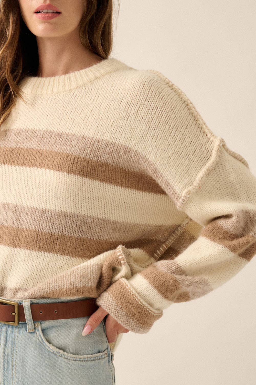 Striped Colorblock Expose-Seam Long Sleeve Sweater