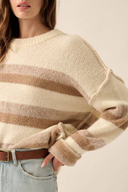 Striped Colorblock Expose-Seam Long Sleeve Sweater