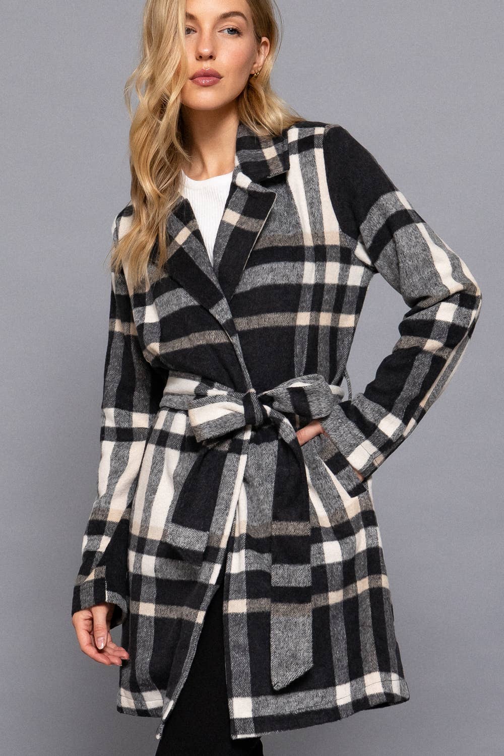 Long Sleeve Notched Collar with Waist Belt Plaid Jacket