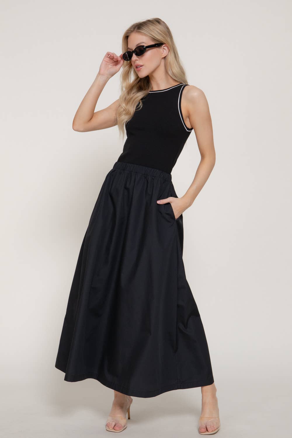 Sleeveless Piping Knit Top Contrast Woven Long Dress