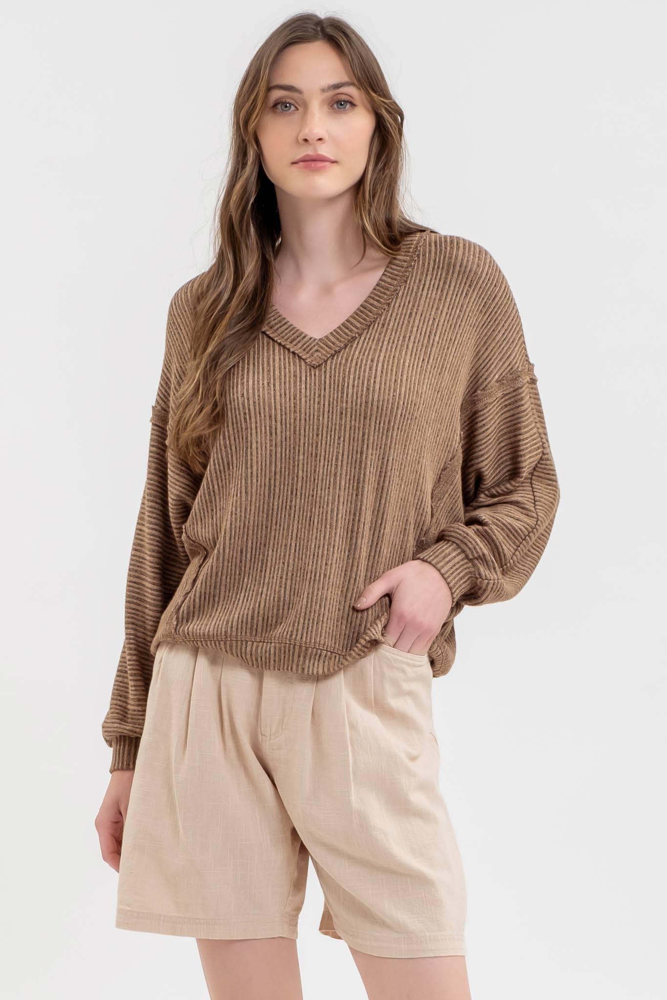 Stripes Drop Shoulder V Neck Knit Top