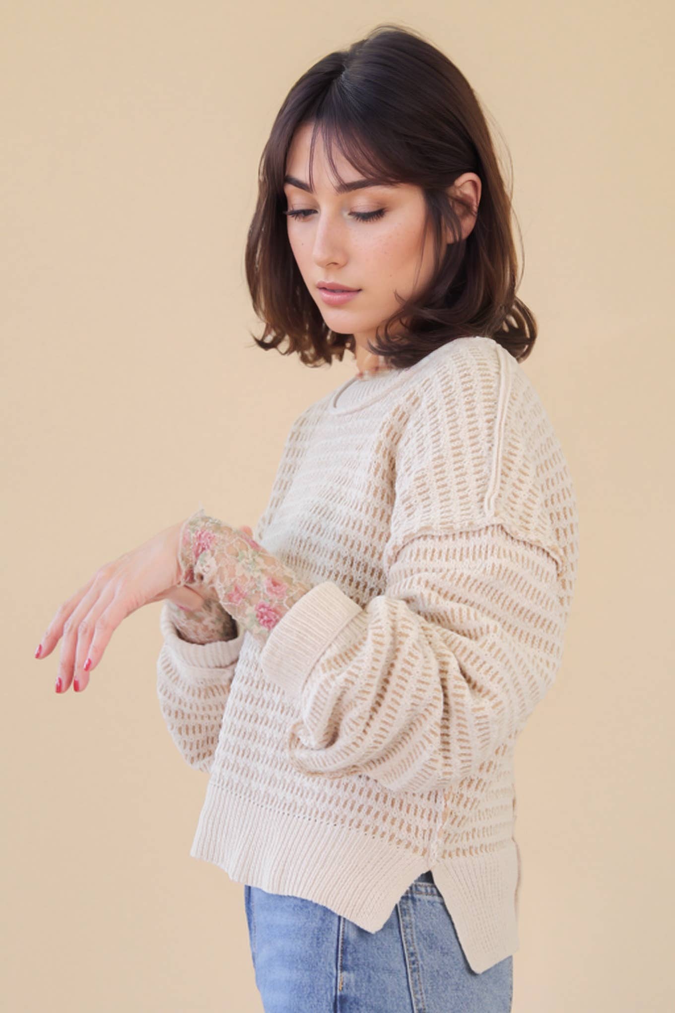 Two Tone Textured Knit Casual Sweater Top