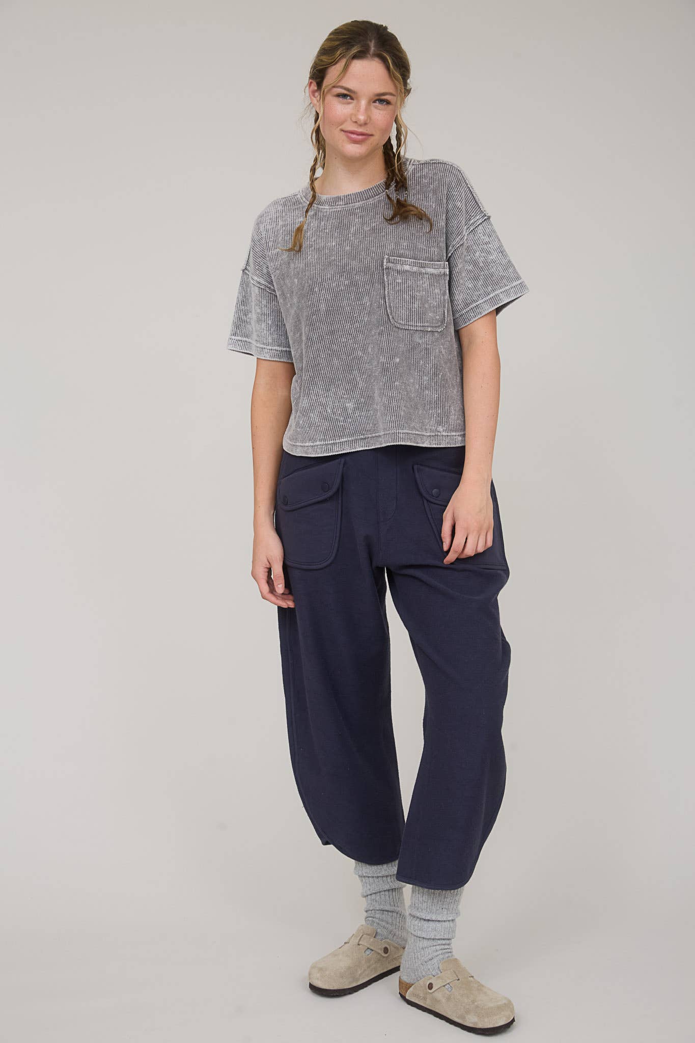 Washed Ribbed Short Sleeve Tee With Pocket