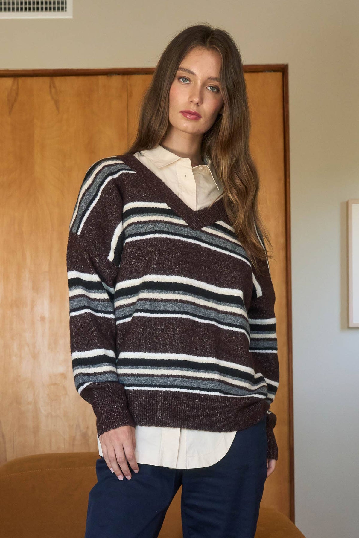 MULTICOLOR STRIPE V NECK LONG SLEEVE KNIT SWEATER