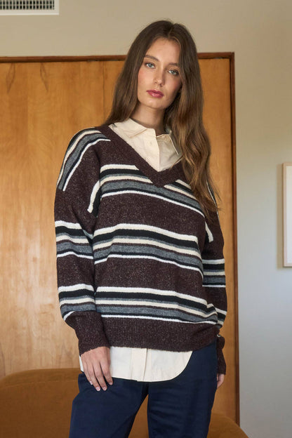 MULTICOLOR STRIPE V NECK LONG SLEEVE KNIT SWEATER