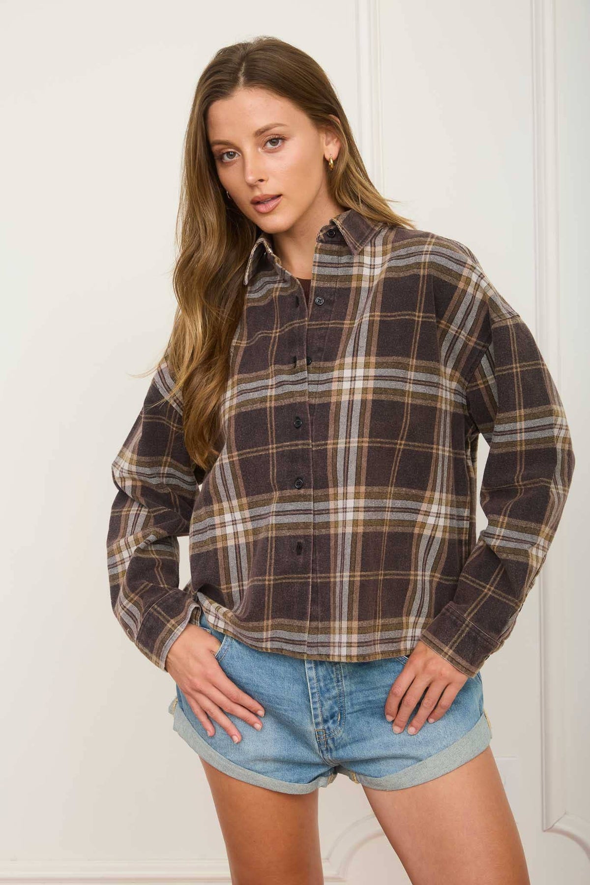 Plaid Button Laid Boxy Long Sleeve Shirt