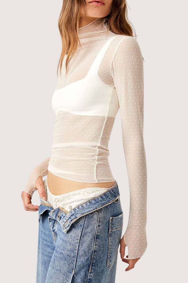 Sheer Turtleneck Long Sleeve Blouse