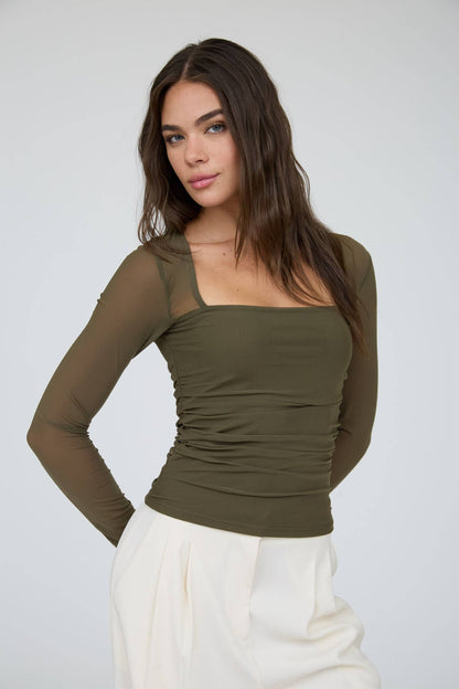 Ruched Waist Square Neck Long Sleeve Knit Top