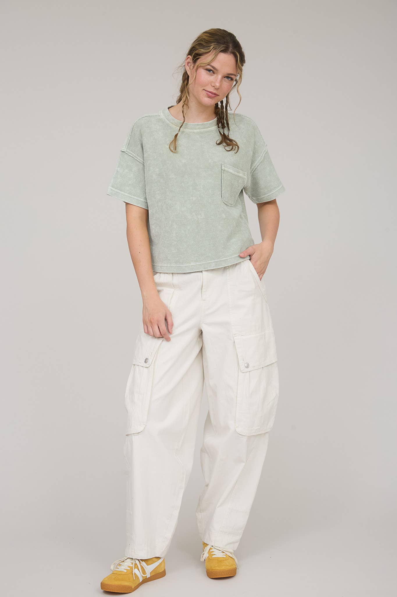 Washed Ribbed Short Sleeve Tee With Pocket