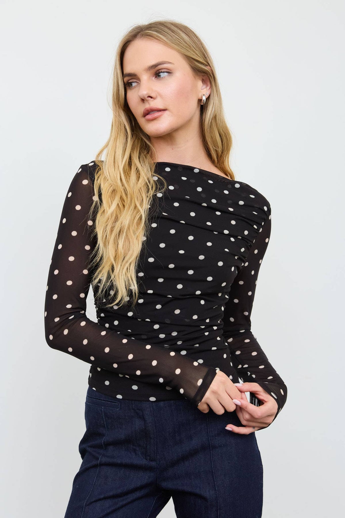 Sheer Mesh Polka Dot Ruched Long Sleeve Knit Top