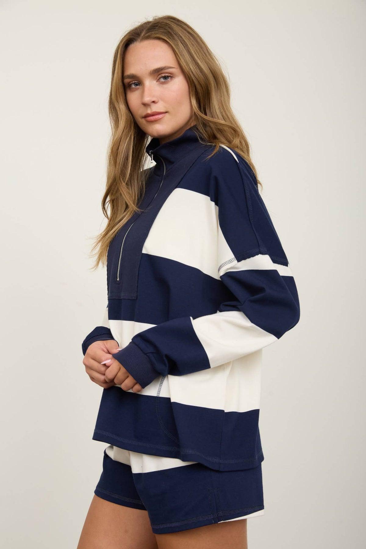Wide Stripe Half Zip Long Sleeve Knit Top