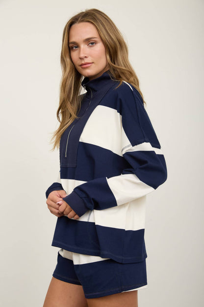 Wide Stripe Half Zip Long Sleeve Knit Top