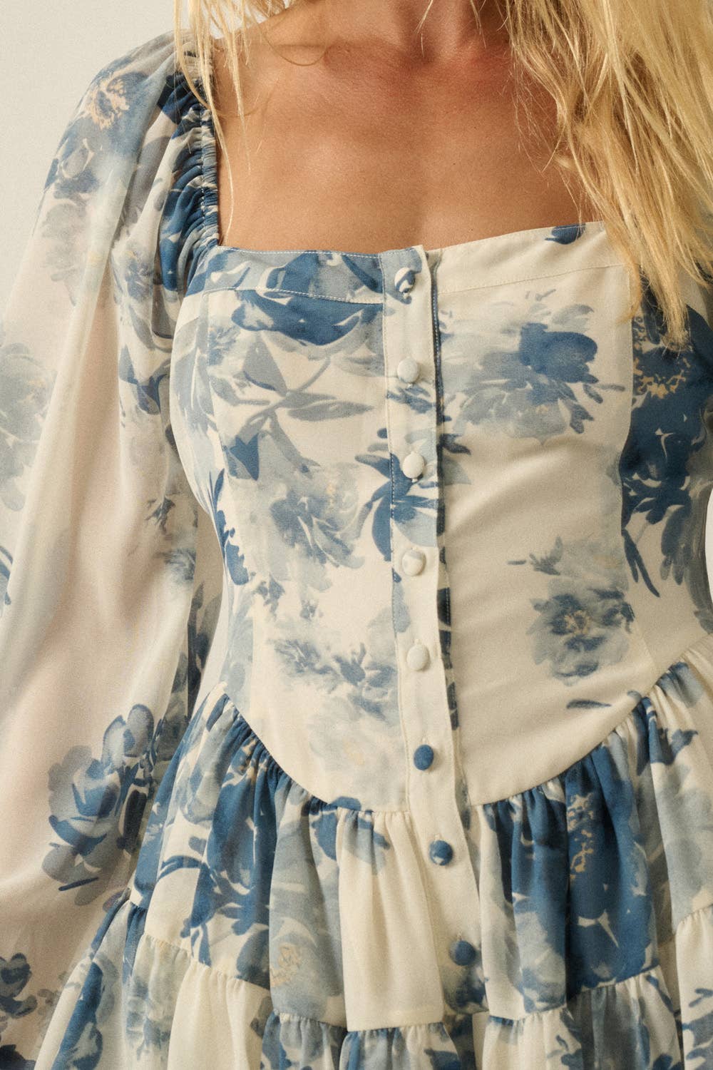 Floral Chiffon Bubble-Sleeve Tiered Ruffle Romper