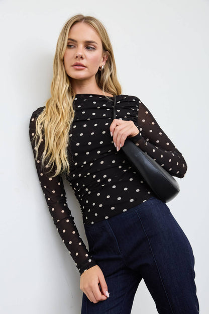 Sheer Mesh Polka Dot Ruched Long Sleeve Knit Top