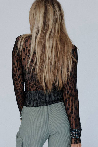 Lace Pattern Sheer Long Sleeve Top
