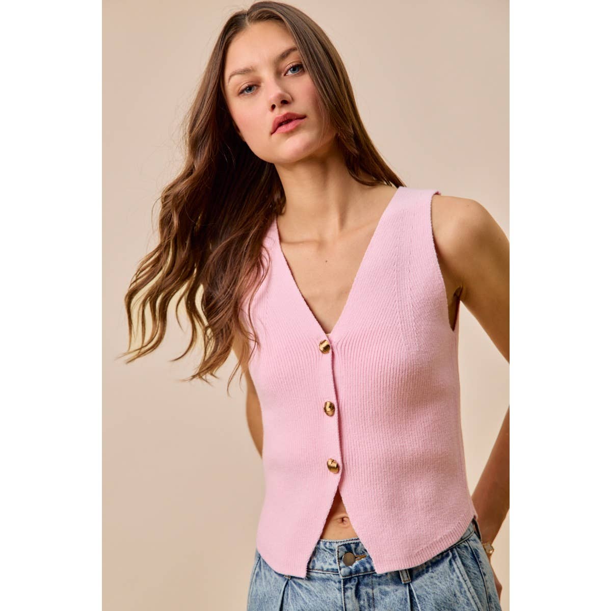 Knitted Sweater Vest Top With Metal Buttons