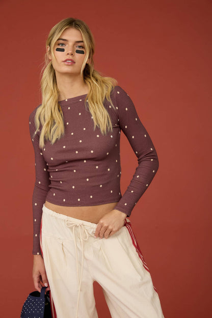 Polka Dot Boat Neck Ribbed Long Sleeve Knit Top