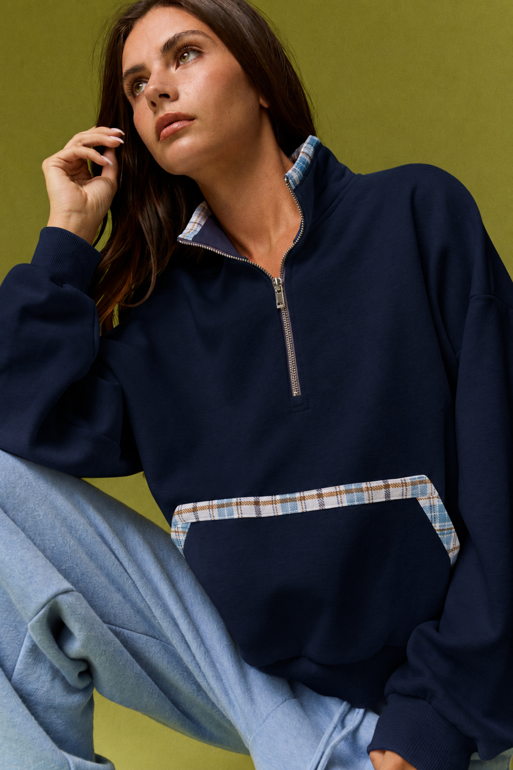 Caroline Plaid Trim Quarter Zip Pullover