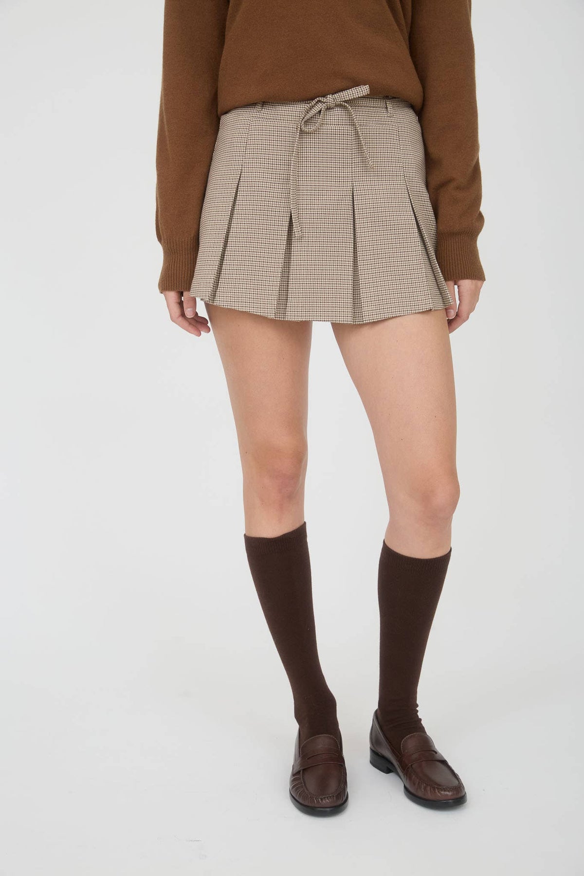 Plaid Waist Tie Detail Pleated Mini Skirt