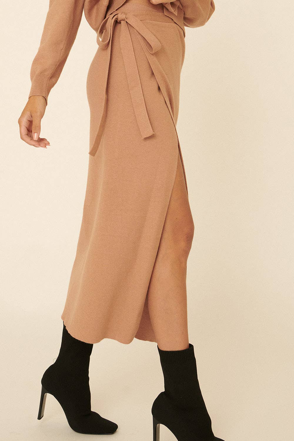 Solid Waist Tie Wrap Midi Skirt
