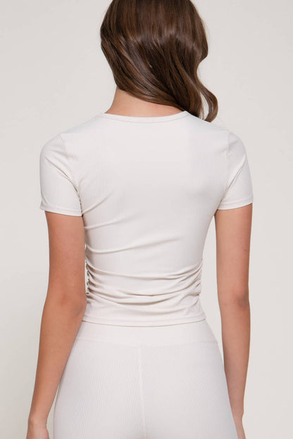 Short Sleeve Round Neck Shirring Workout Ribbed Top