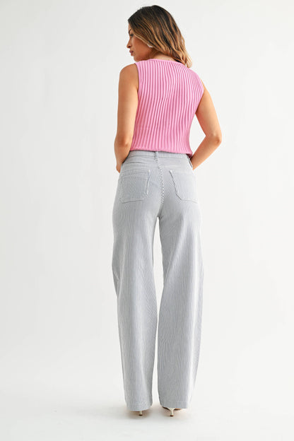 Striped Mini Patch Pocket Wide Leg Pant