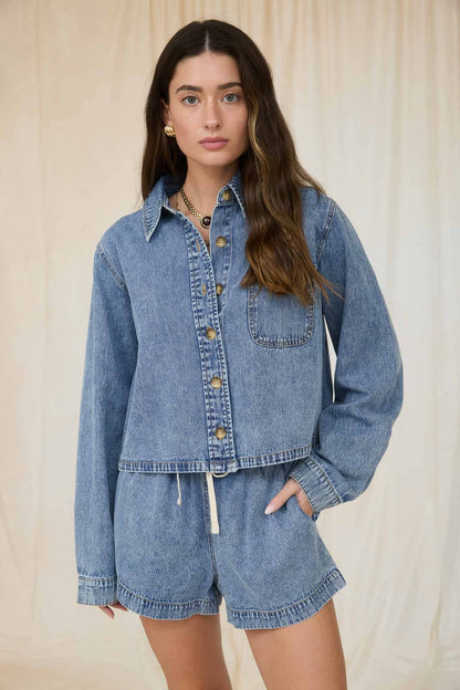 Acid Wash Collared Long Sleeve Boxy Denim Shirt