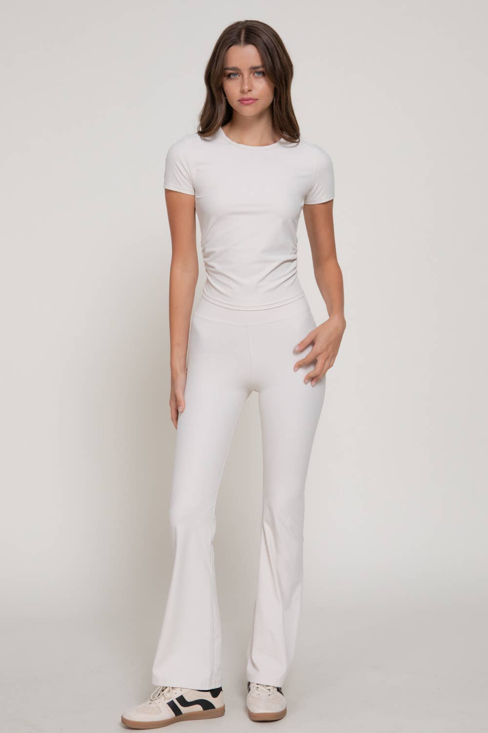 Short Sleeve Round Neck Shirring Workout Ribbed Top