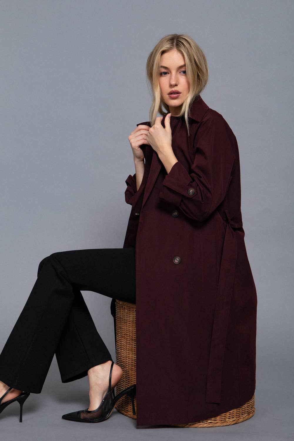 Long Sleeve V-Neck Lapel Collar Trench Coat with Belt