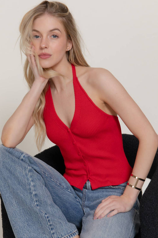 Halter Neck Button Down Sweater Top