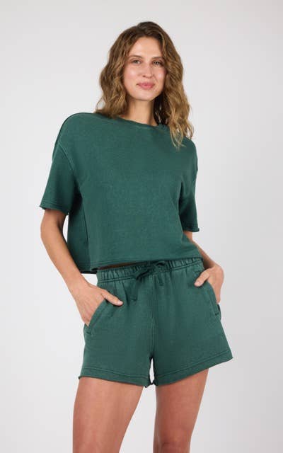 Women's Loop Terry Raw Edge Crew Short Sleeve Top and Shorts