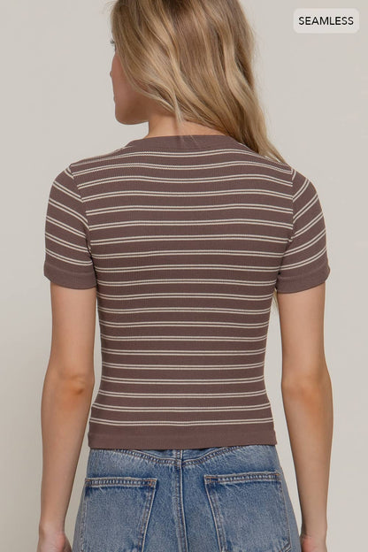 Short Sleeve Crew Neck Striped Seamless Top